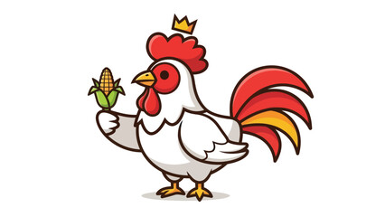 Cheerful cartoon rooster king holding an ear of fresh corn.