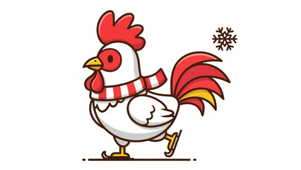 Cute cartoon rooster ice skating in a scarf with a snowflake.