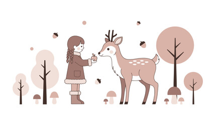 A girl feeds an apple to a deer in a stylized autumn forest.