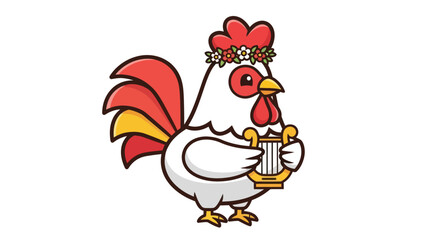 Cute rooster with a flower crown plays the lyre.