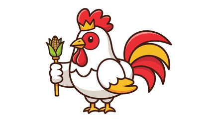 A cheerful cartoon rooster wearing a crown and proudly holding a corn cob.