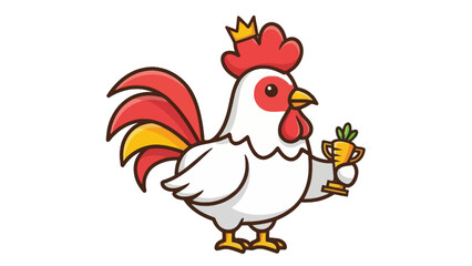 A cute cartoon rooster proudly holding a golden trophy on a white background.