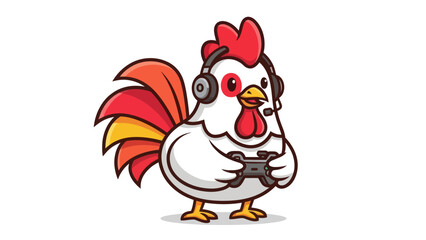 Cartoon chicken playing video games with headphones and controller