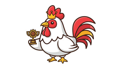 Cute Cartoon Rooster Champion with Crown and Sunflower Trophy