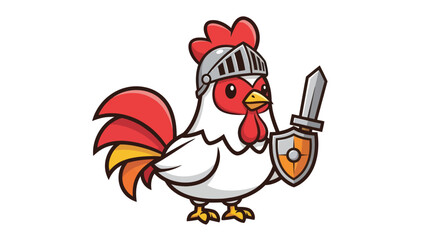 Chicken knight with sword and shield ready for battle.