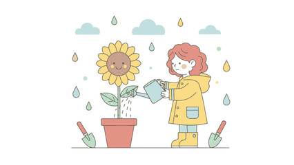 Cute illustration of a child watering a happy sunflower in a pot.