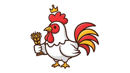 Proud cartoon rooster king holding wheat, a symbol of abundance and harvest.