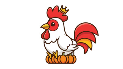 Cartoon rooster wearing a crown sits on pumpkins.
