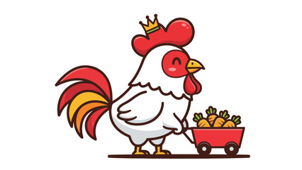 Cute king rooster pulling a cart full of carrots