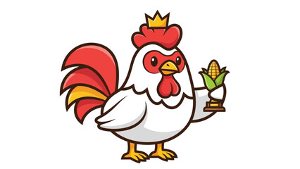 Cartoon Rooster King Holding a Corn Trophy and Wearing a Crown