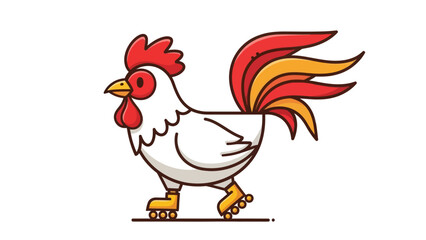 Playful rooster character on roller skates.