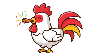 Cute cartoon rooster celebrating with a party horn and confetti.