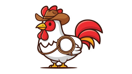 Cute cartoon rooster wearing a cowboy hat and holding a lasso