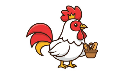 Cute rooster holding a basket of bread with a crown