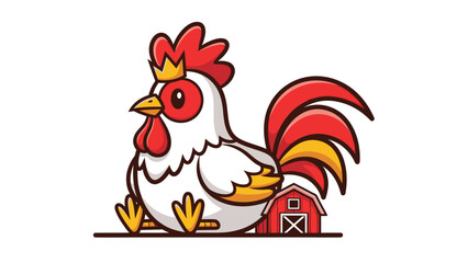 A cute cartoon rooster with a crown sits by a small red barn illustration.