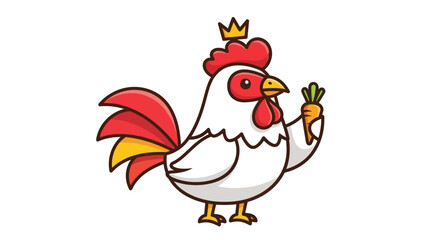 Cute cartoon rooster king holding a fresh carrot, isolated on white.