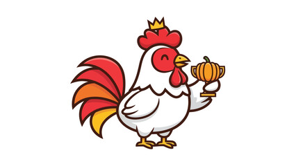 A cheerful cartoon rooster wearing a crown and holding a pumpkin trophy.