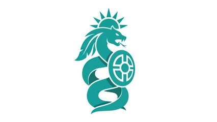 Turquoise dragon coiled with shield and sun symbol