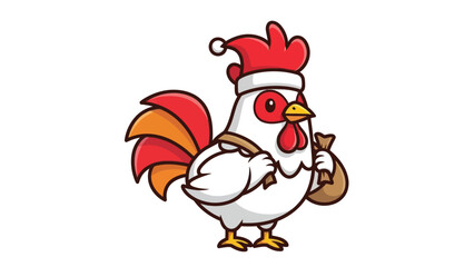 Cute Christmas rooster wearing Santa hat and carrying a sack.