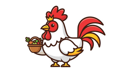 Cute cartoon rooster holding a basket of fresh produce.