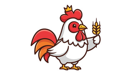 Cartoon rooster holding a wheat stalk, wearing a crown