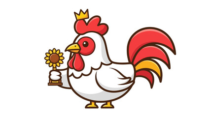 Cartoon rooster wearing a crown holding a sunflower trophy