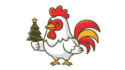 Cute rooster holding a Christmas tree with a star.