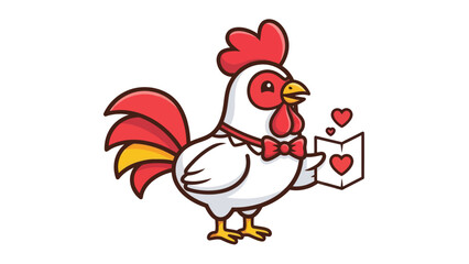 Cute rooster holding a Valentine's card with hearts
