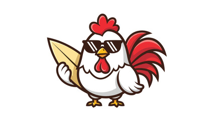 Cool chicken wearing sunglasses holding a surfboard