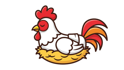 Cute cartoon rooster resting peacefully on a nest illustration.