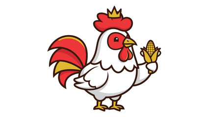 Cartoon rooster wearing a crown and holding a cob of corn