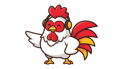 A cheerful cartoon rooster enjoying music with headphones.