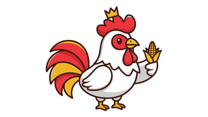 Cartoon rooster wearing a crown and holding corn