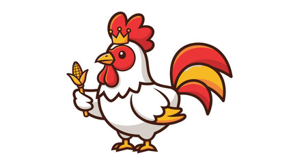 A crowned rooster holding a corn cob, isolated on white.