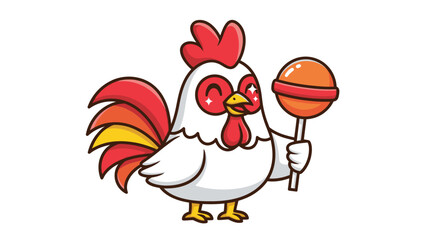 Cute cartoon rooster mascot holding a big orange lollipop.