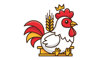 Cartoon rooster wearing a crown with wheat ears on a wooden perch.