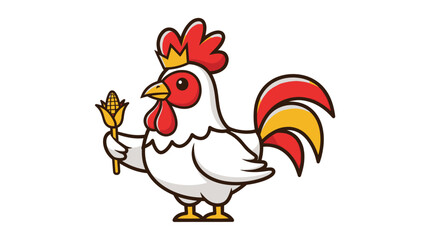A cartoon rooster wearing a crown holds a cob of corn.