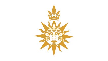 Golden sun face with a crown and feathers