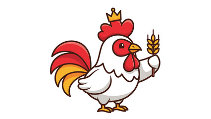 Cartoon rooster wearing a crown and holding a wheat stalk