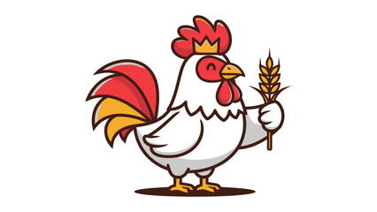 Cartoon rooster with a crown holding wheat on a white background