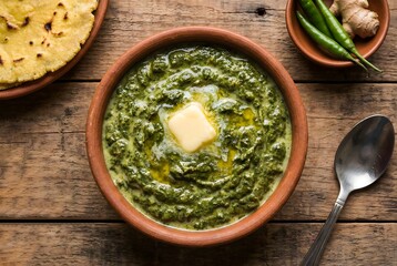 Authentic punjabi sarson ka saag with butter in traditional clay bowl on rustic table