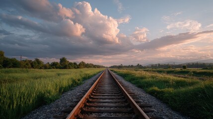 Fototapeta premium A railway track leads into the distance as the sun rises, casting golden light over the scene. Lush green grass grows on either side, and clouds fill the sky above