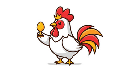 A royal rooster wearing a crown holds a golden egg