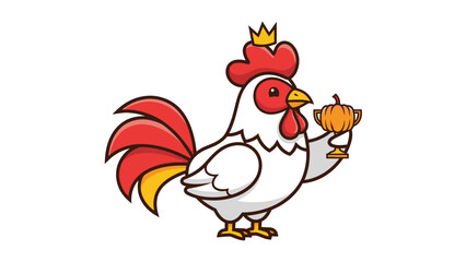 Cartoon rooster with a crown holding a pumpkin trophy.
