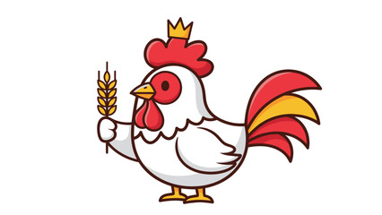 Cartoon rooster with a crown and wheat stalk