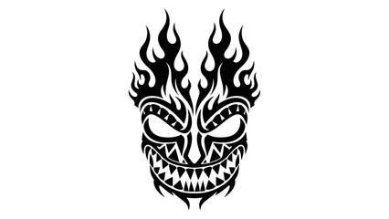 Tribal flame mask with demon face and sharp teeth