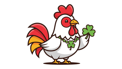 A cheerful cartoon rooster celebrating St. Patrick's Day with a shamrock
