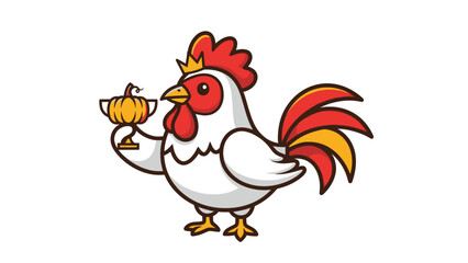 Cute cartoon rooster holding a pumpkin trophy celebrates autumn harvest festival.