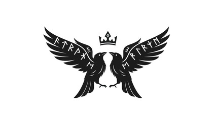 Two ravens with wings spread, a crown above, featuring runes.