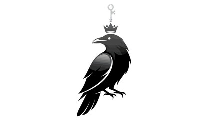 A black raven wearing a crown with a key above its head.